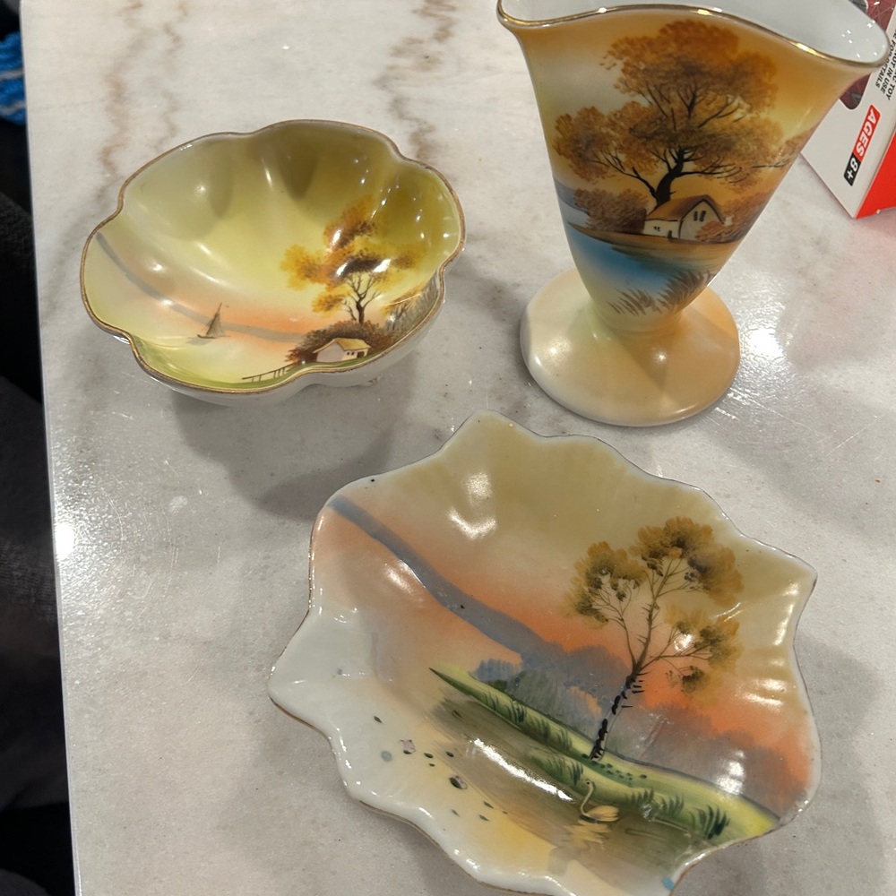 Noritake Morimura hand painted vase, bowl and tray Japanese 3 piece set